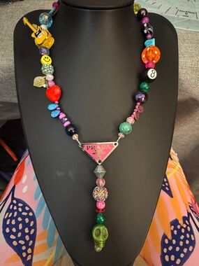 -Inspired Multicolor Beaded Statement Necklace - Pink Accent